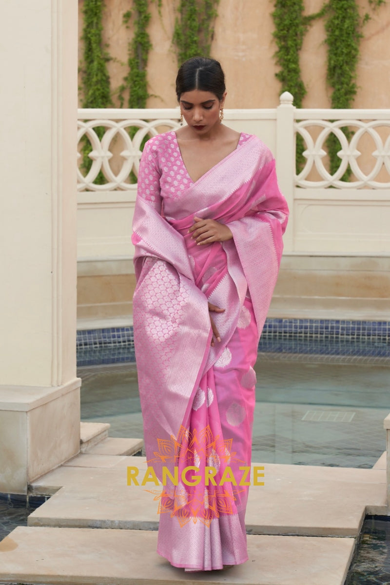 Majestic Rose Pink Banarasi Linen Woven Silk Saree