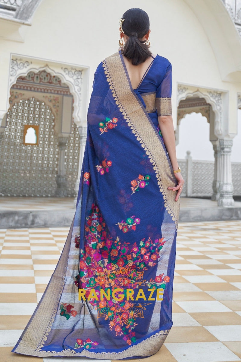 Traditional Blue Woven Banarasi Linen Saree