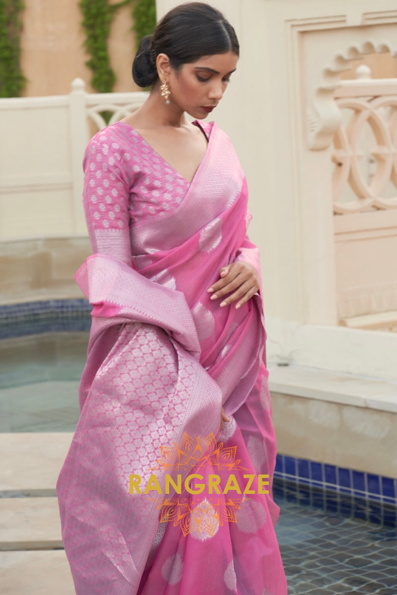 Majestic Rose Pink Banarasi Linen Woven Silk Saree