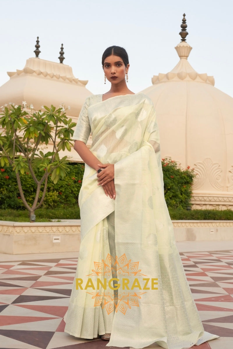 Majestic Lime Green Banarasi Linen Woven Silk Saree