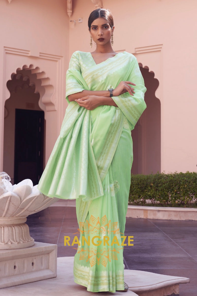 Dazzling Aqua Green Woven Banarasi Linen Silk Saree