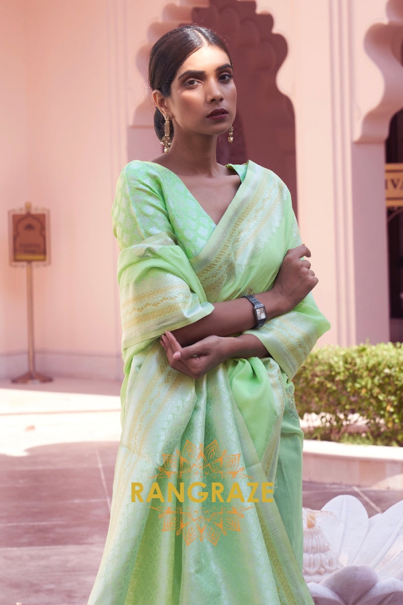 Dazzling Aqua Green Woven Banarasi Linen Silk Saree