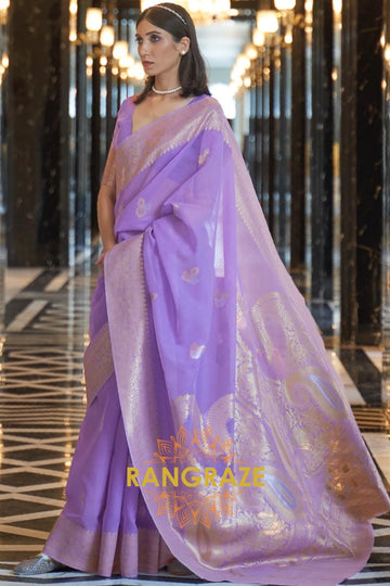 Artisanal Golden Purple Woven Banarasi Linen Silk Saree