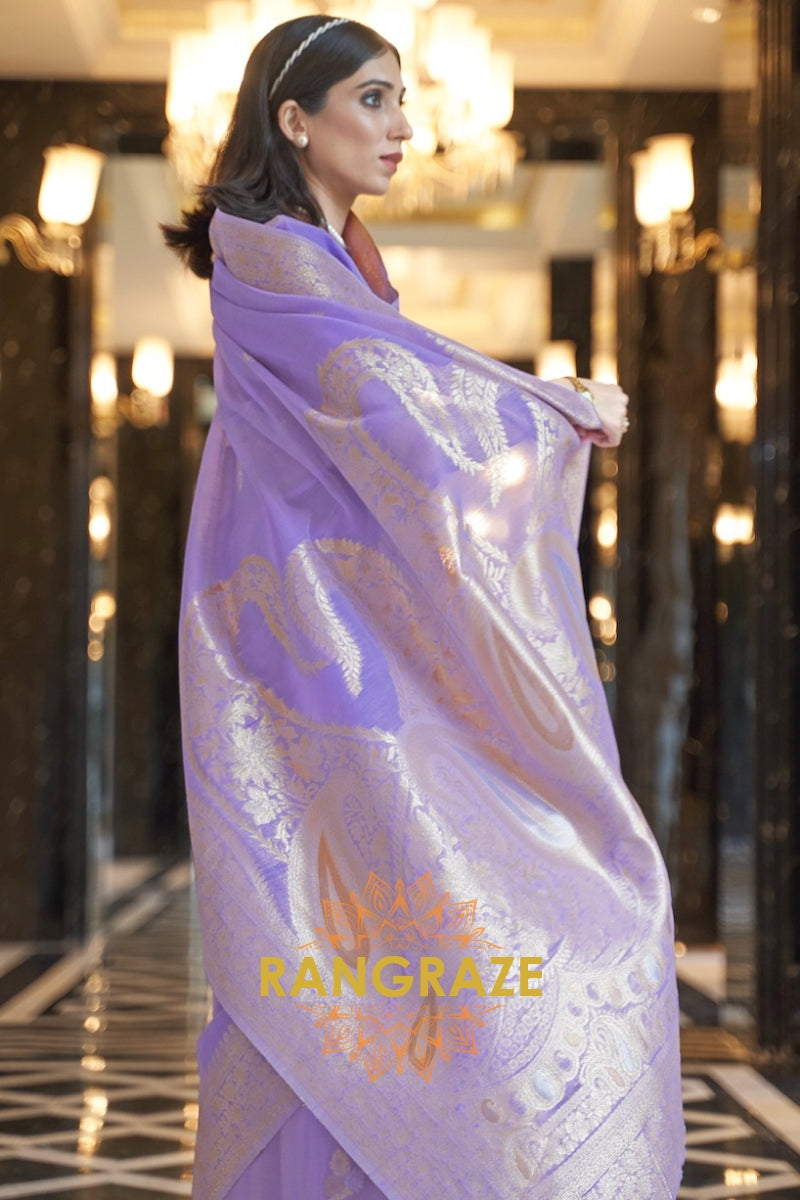 Artisanal Golden Purple Woven Banarasi Linen Silk Saree