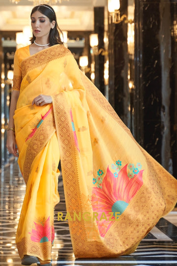 Artisanal Golden Yellow Woven Banarasi Linen Silk Saree