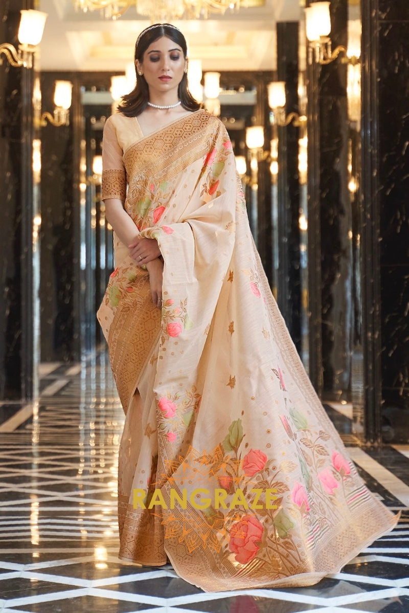 Artisanal Golden Beige Woven Banarasi Linen Silk Saree