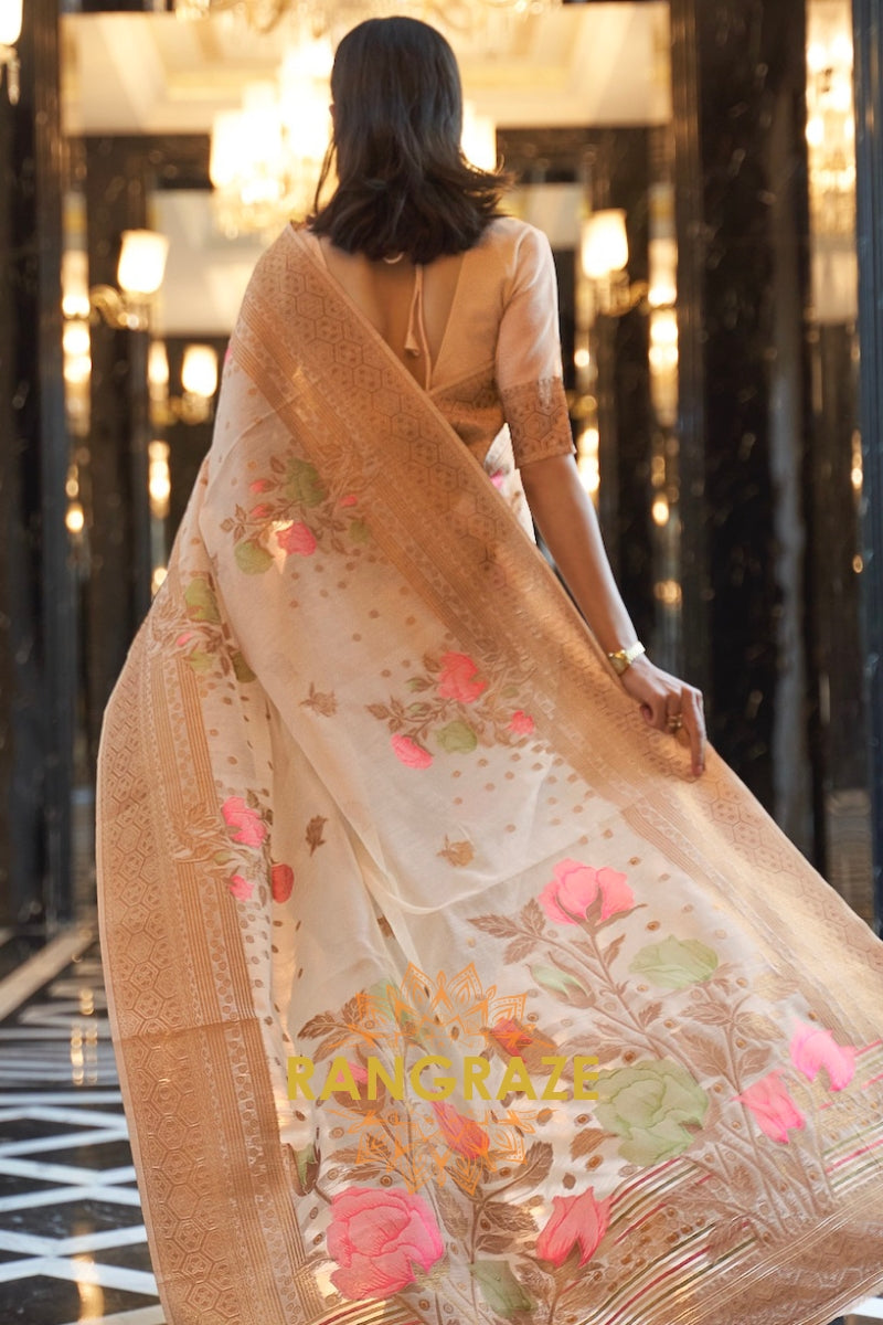 Artisanal Golden Beige Woven Banarasi Linen Silk Saree