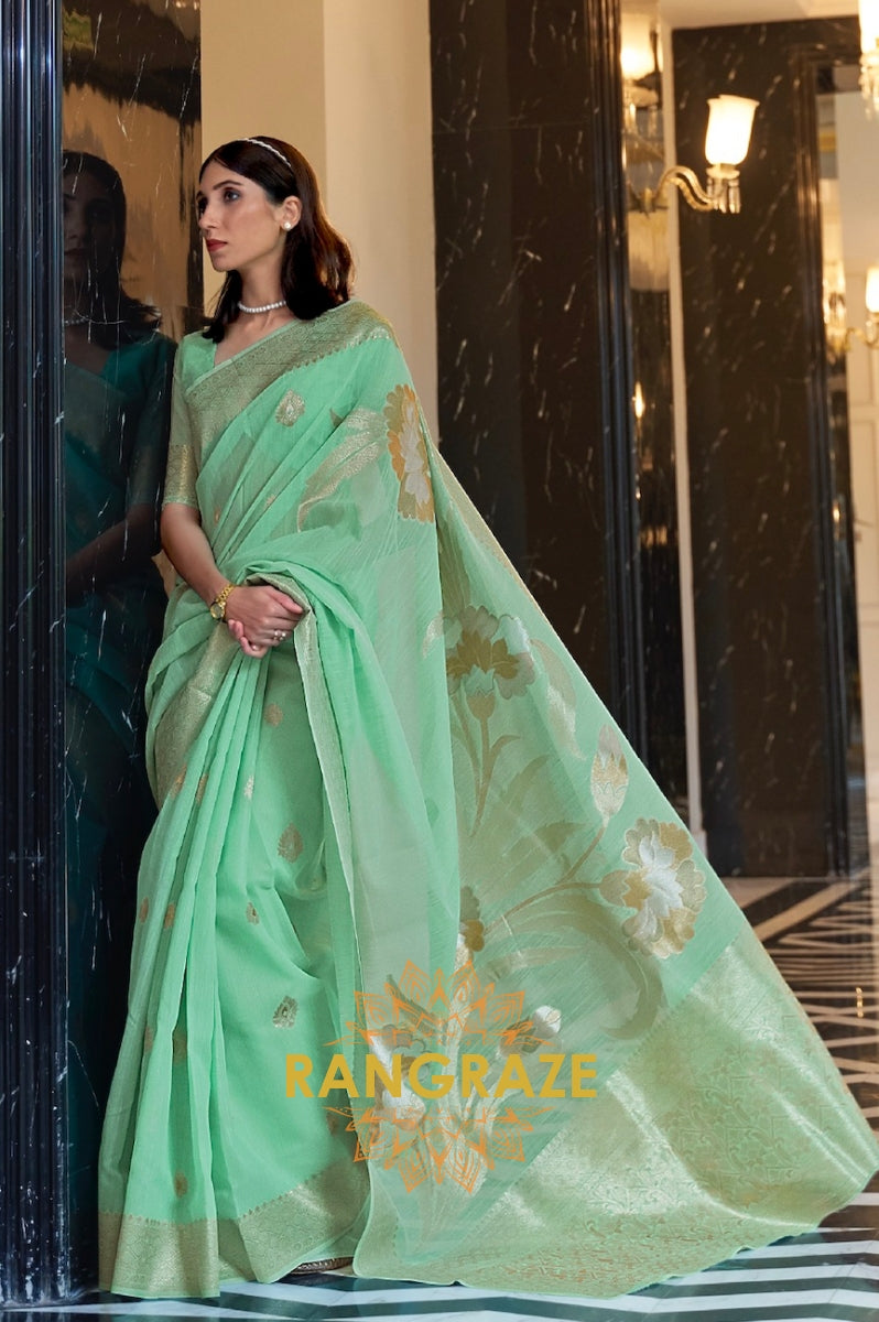 Artisanal Green Woven Banarasi Linen Silk Saree