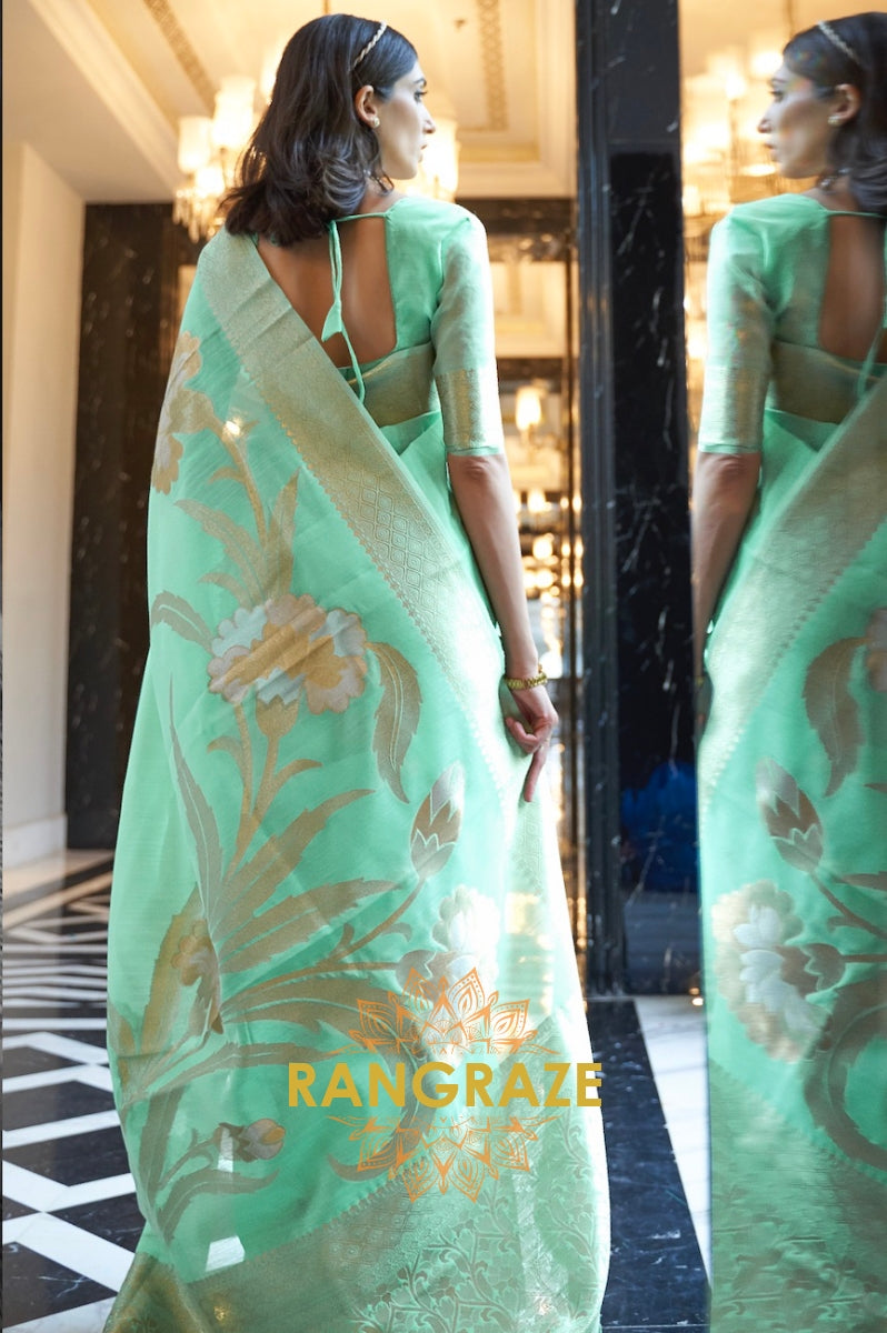 Artisanal Green Woven Banarasi Linen Silk Saree