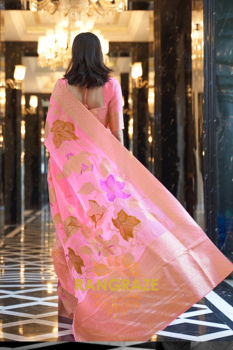 Artisanal Golden Pink Woven Banarasi Linen Silk Saree