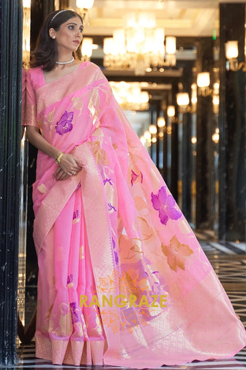 Artisanal Golden Pink Woven Banarasi Linen Silk Saree