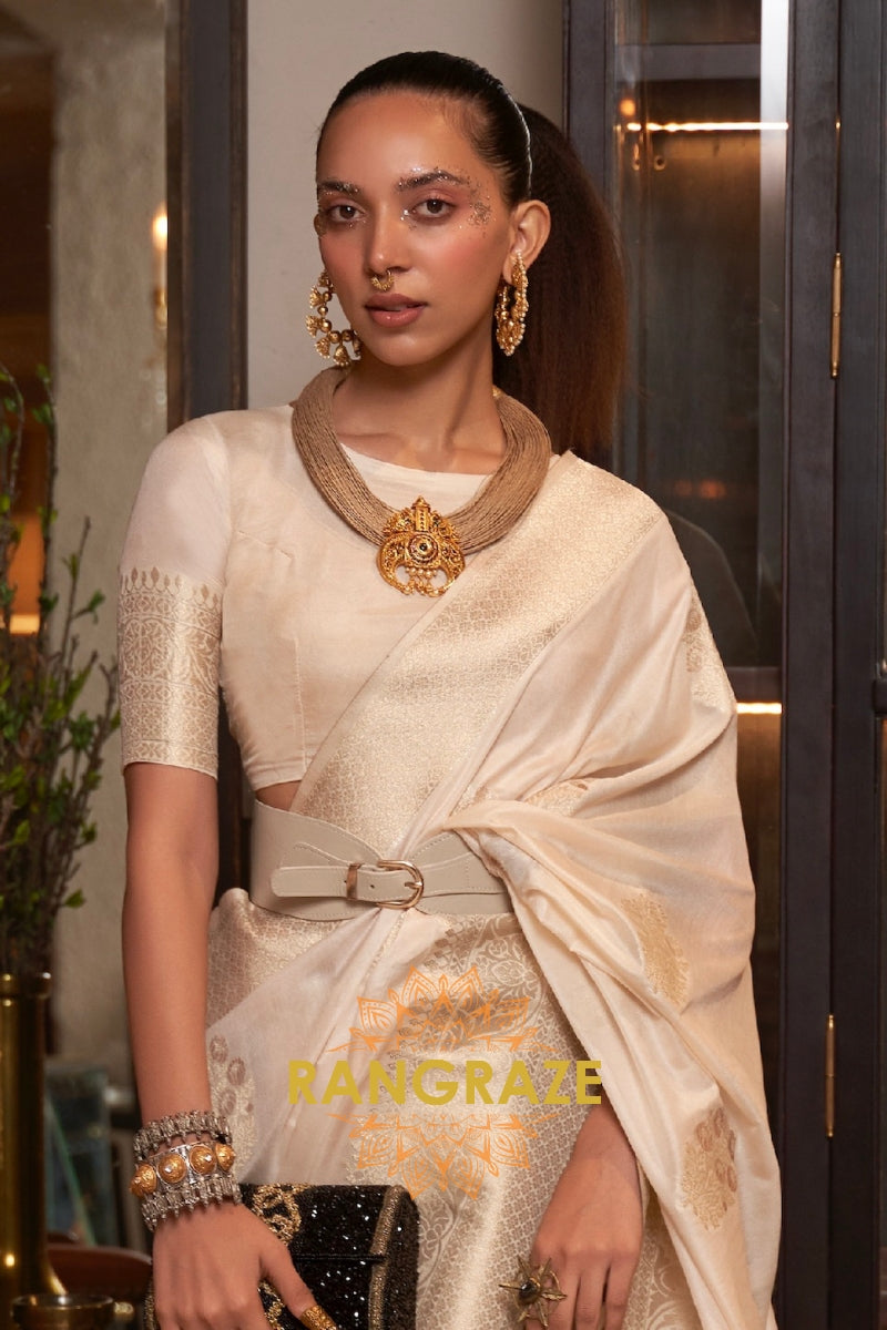 Opulent Beige Woven Banarasi Georgette Silk Saree