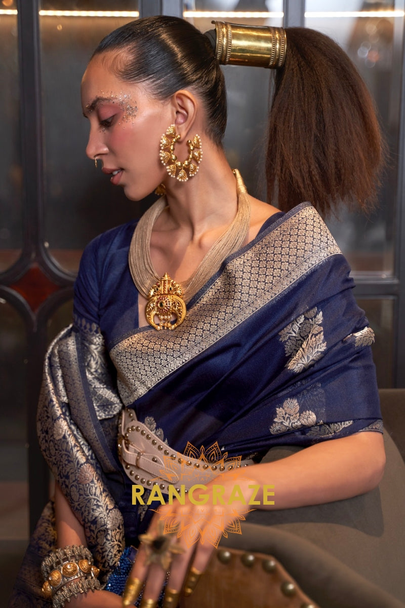 Opulent Blue Woven Banarasi Georgette Silk Saree