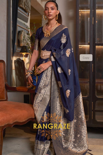 Opulent Blue Woven Banarasi Georgette Silk Saree