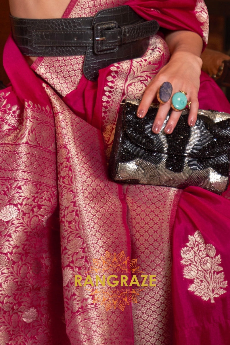 Opulent Pink Woven Banarasi Georgette Silk Saree