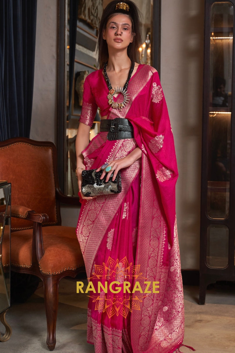 Opulent Pink Woven Banarasi Georgette Silk Saree