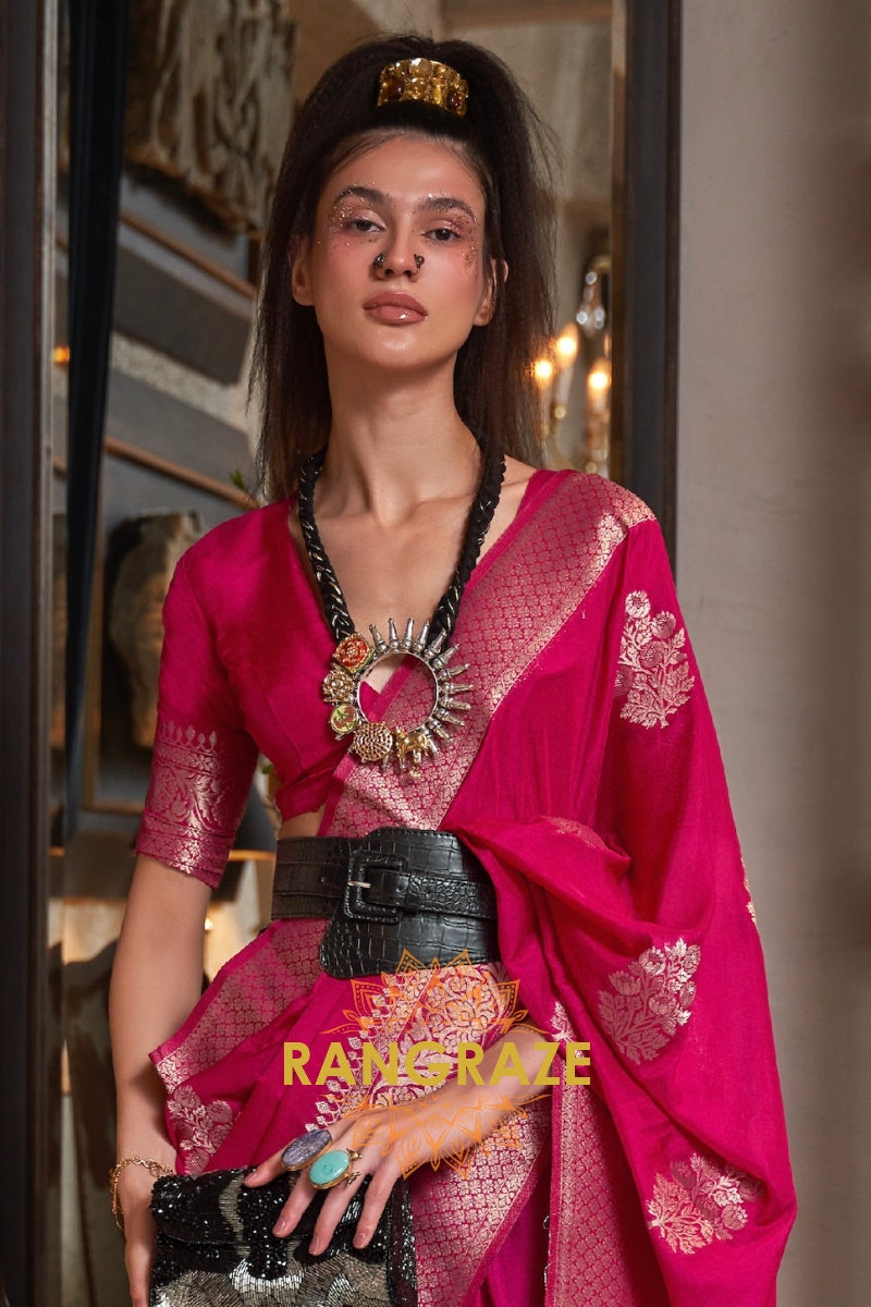 Opulent Pink Woven Banarasi Georgette Silk Saree