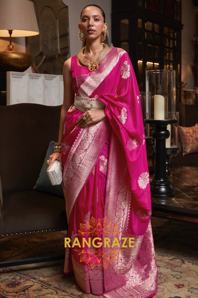 Opulent Royal Pink Woven Banarasi Georgette Silk Saree