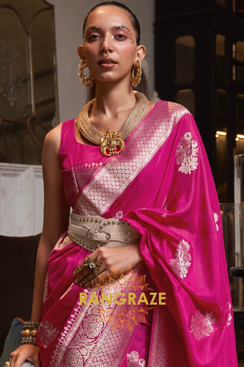 Opulent Royal Pink Woven Banarasi Georgette Silk Saree