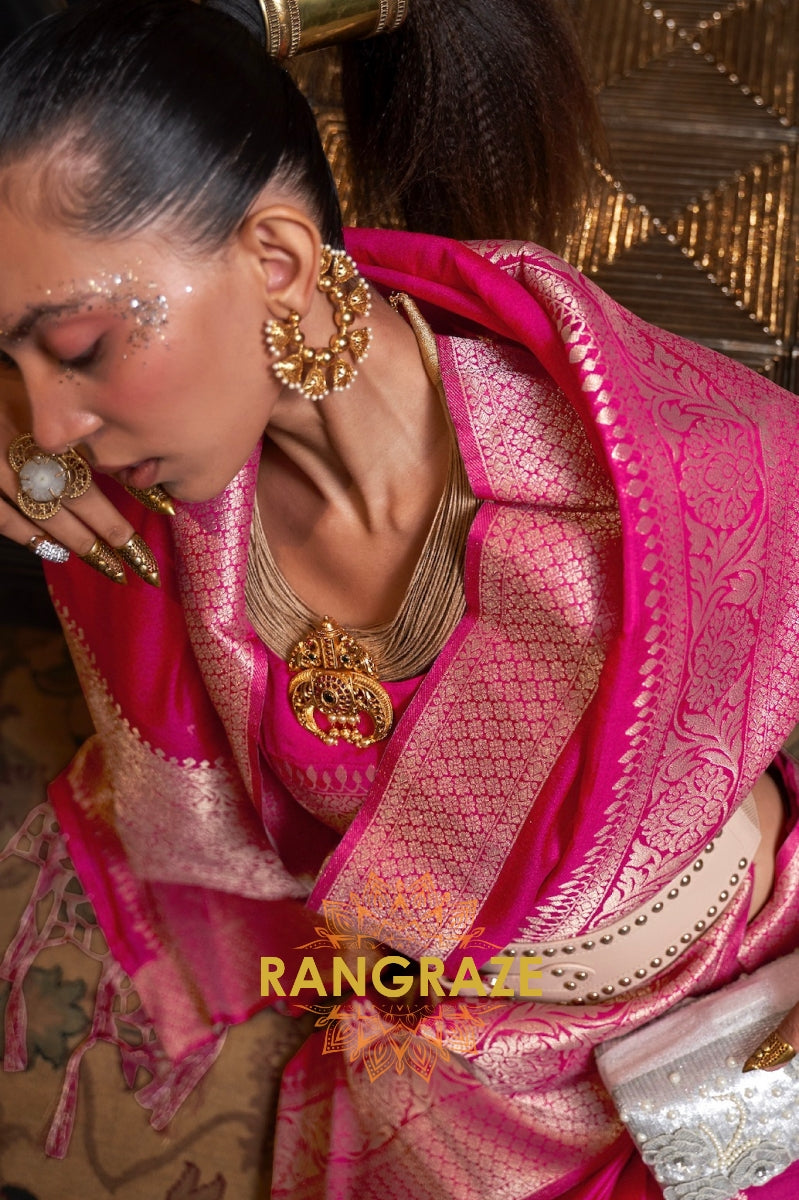 Opulent Royal Pink Woven Banarasi Georgette Silk Saree