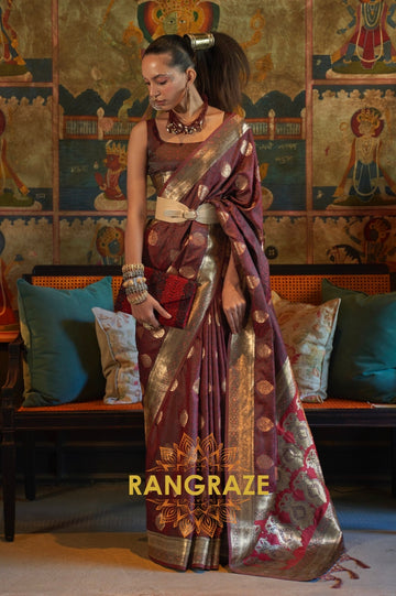 Divine Royal Brown Woven Banarasi Satin Silk Saree