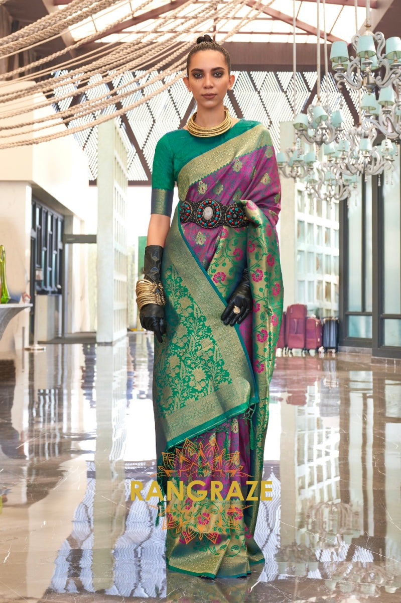 Contrasting Purple And Green Woven Banarasi Brocade Silk Saree