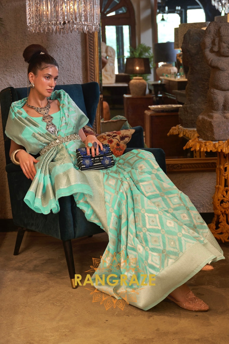 Sea Green Woven Banarasi Linen Silk Saree