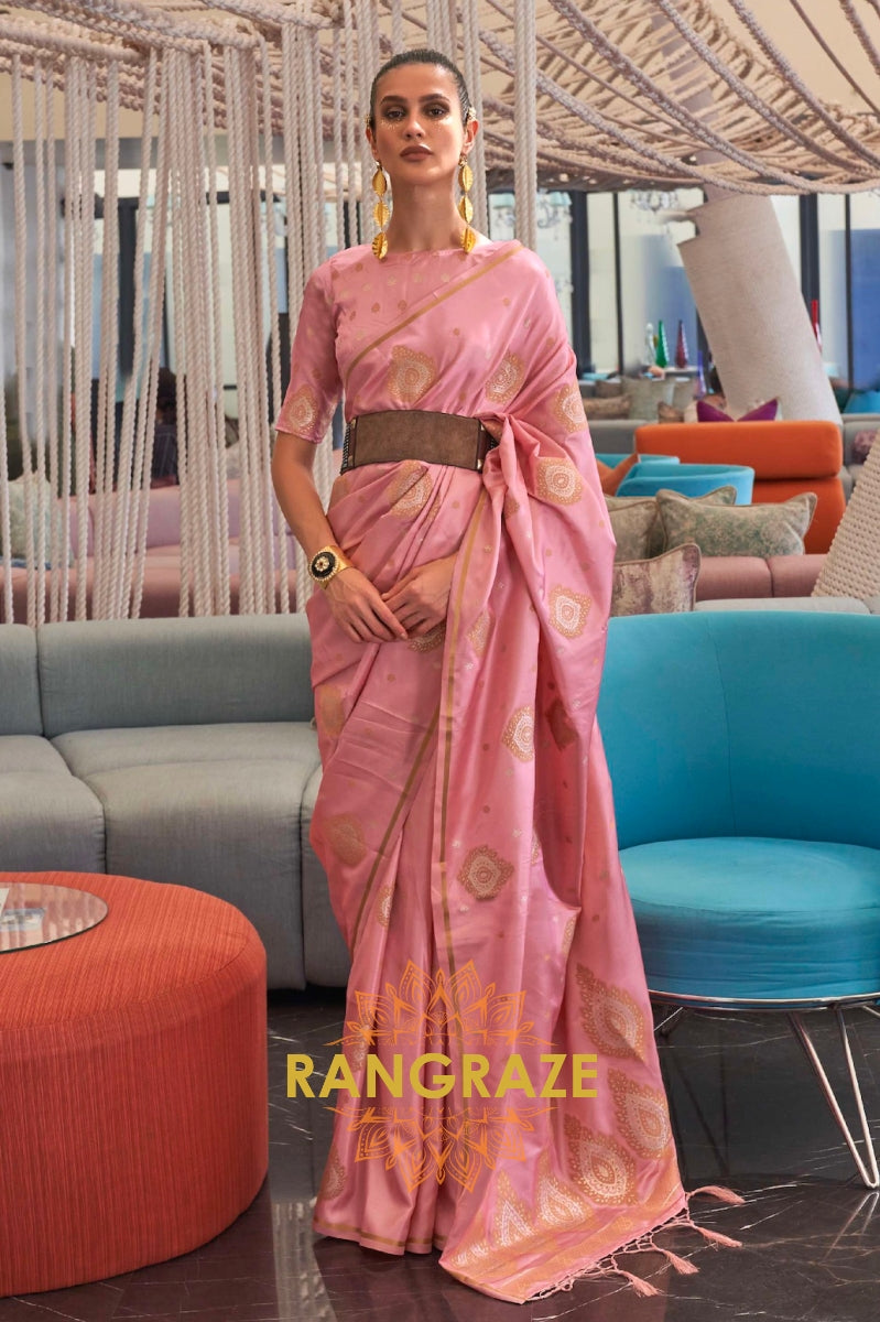 Crystal Pink Bronze Zari Woven Satin Silk Saree