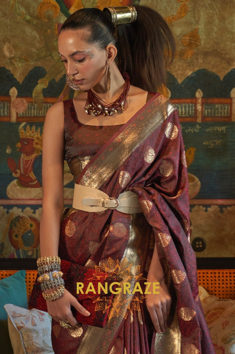 Divine Royal Brown Woven Banarasi Satin Silk Saree