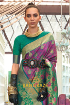 Contrasting Purple And Green Woven Banarasi Brocade Silk Saree