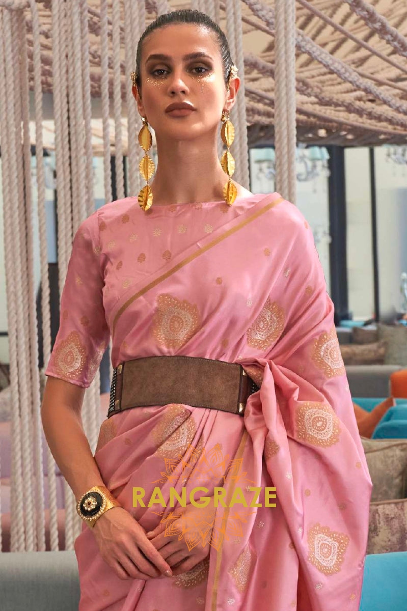 Crystal Pink Bronze Zari Woven Satin Silk Saree