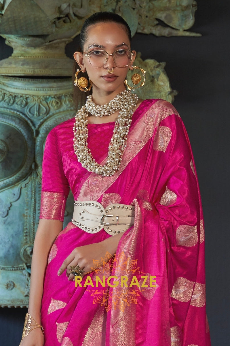 Roman Pink Banarasi Woven Satin Silk Saree