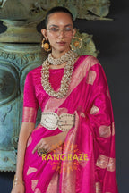 Roman Pink Banarasi Woven Satin Silk Saree