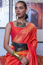 Imperial Orange Moss Weave Handloom Weaving Banarasi Silk Saree