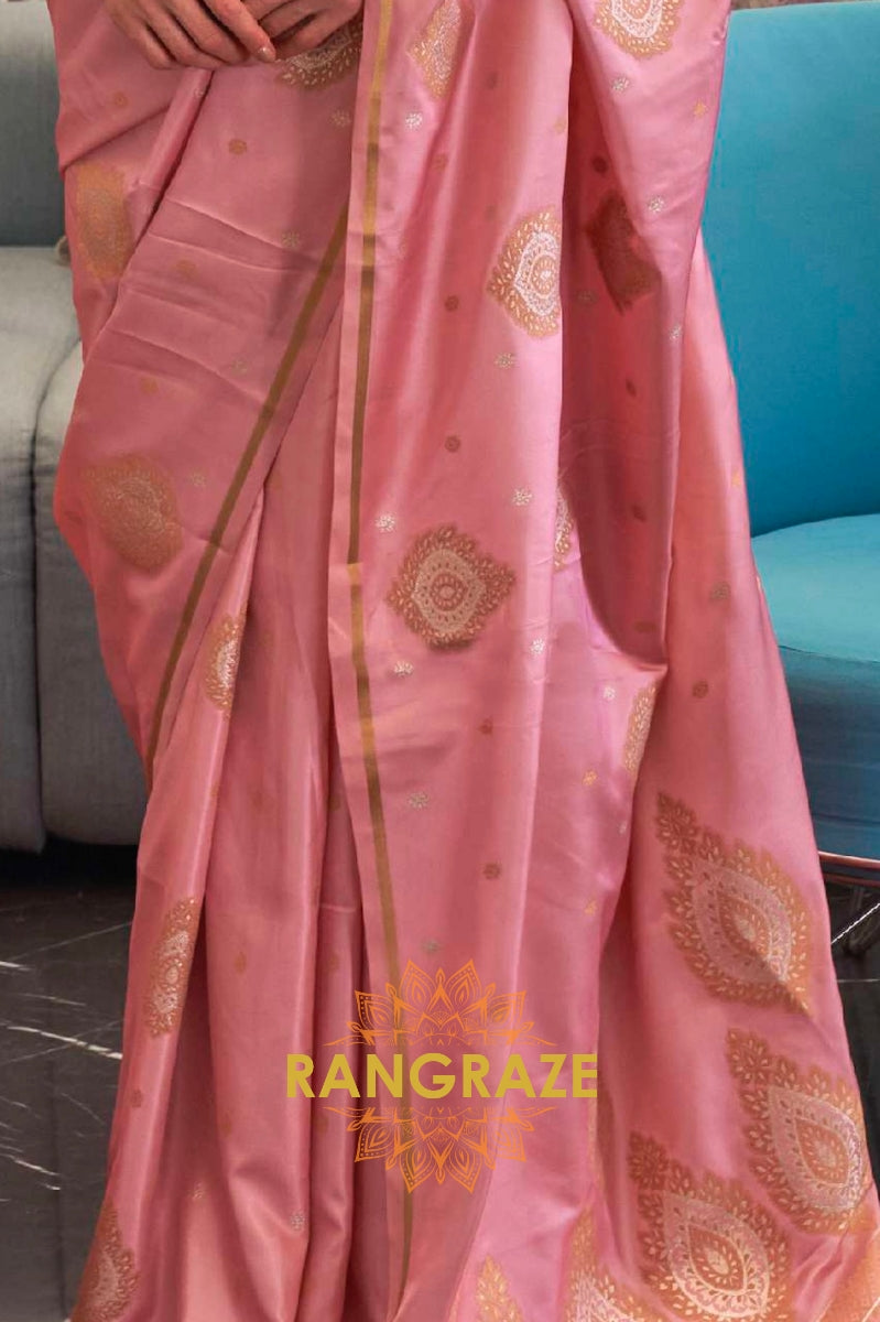 Crystal Pink Bronze Zari Woven Satin Silk Saree