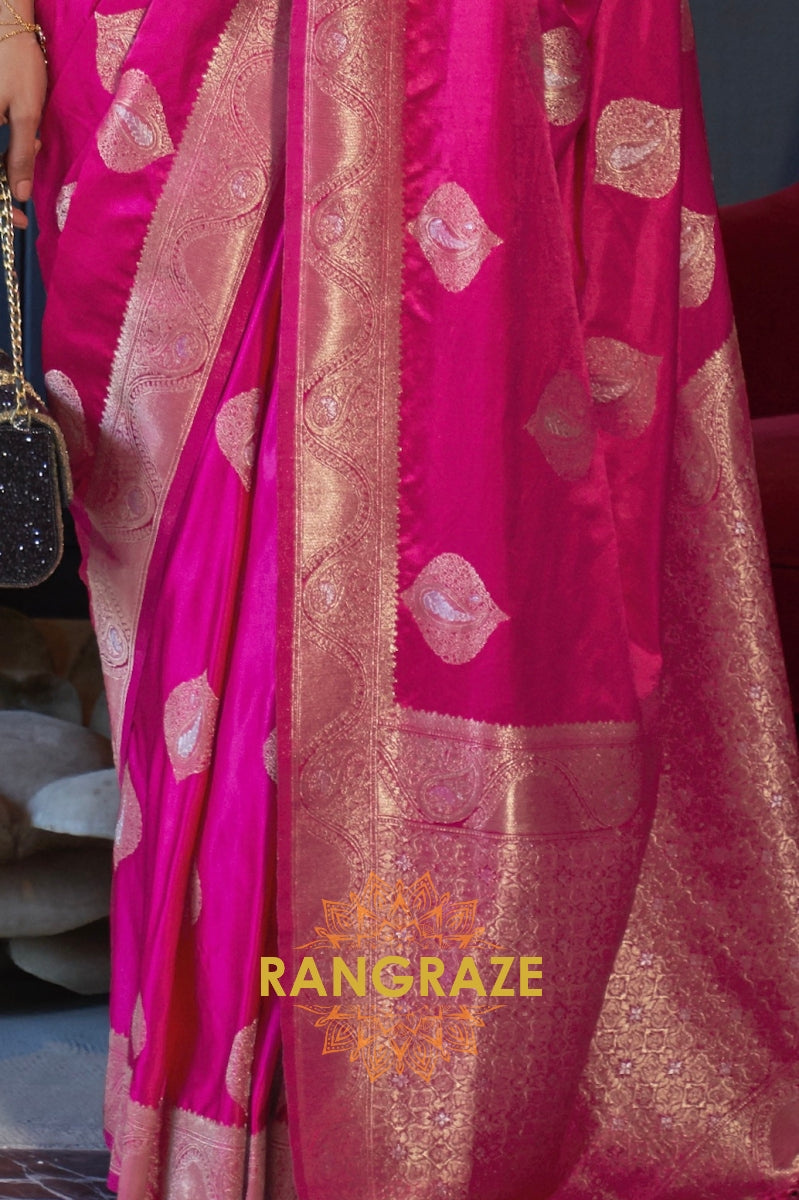 Roman Pink Banarasi Woven Satin Silk Saree