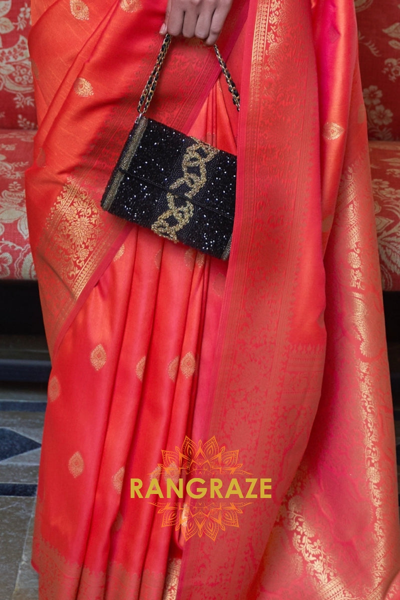 Imperial Orange Moss Weave Handloom Weaving Banarasi Silk Saree