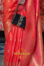 Imperial Orange Moss Weave Handloom Weaving Banarasi Silk Saree