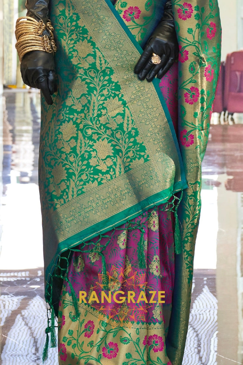 Contrasting Purple And Green Woven Banarasi Brocade Silk Saree