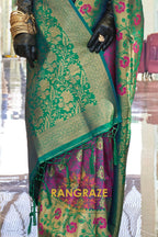 Contrasting Purple And Green Woven Banarasi Brocade Silk Saree