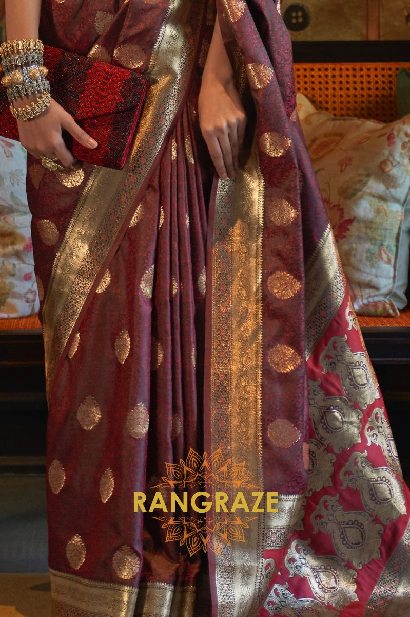 Divine Royal Brown Woven Banarasi Satin Silk Saree