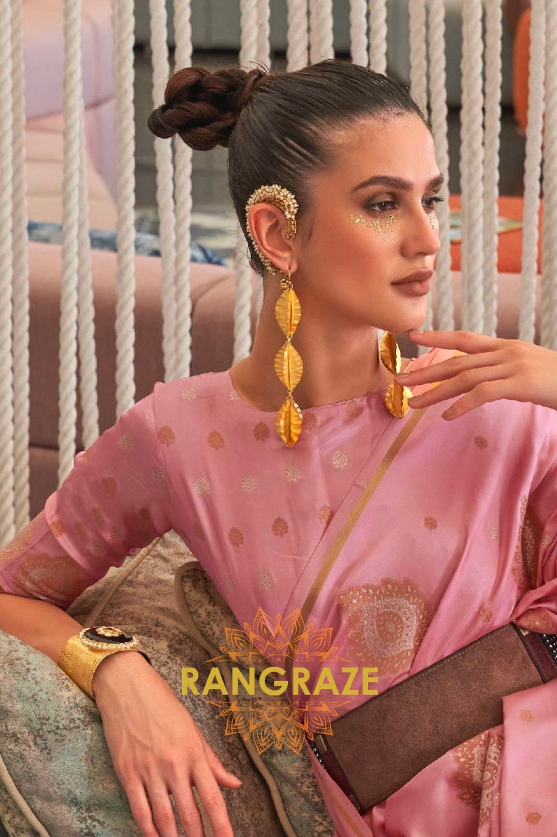 Crystal Pink Bronze Zari Woven Satin Silk Saree