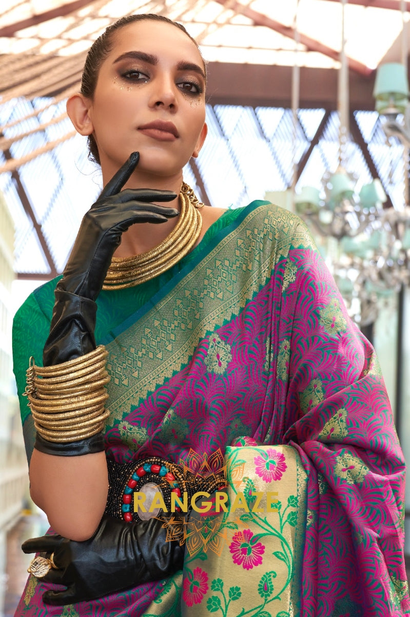 Contrasting Purple And Green Woven Banarasi Brocade Silk Saree