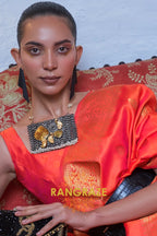 Imperial Orange Moss Weave Handloom Weaving Banarasi Silk Saree