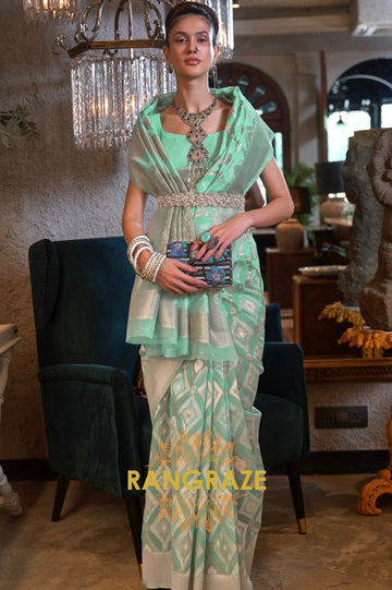 Sea Green Woven Banarasi Linen Silk Saree