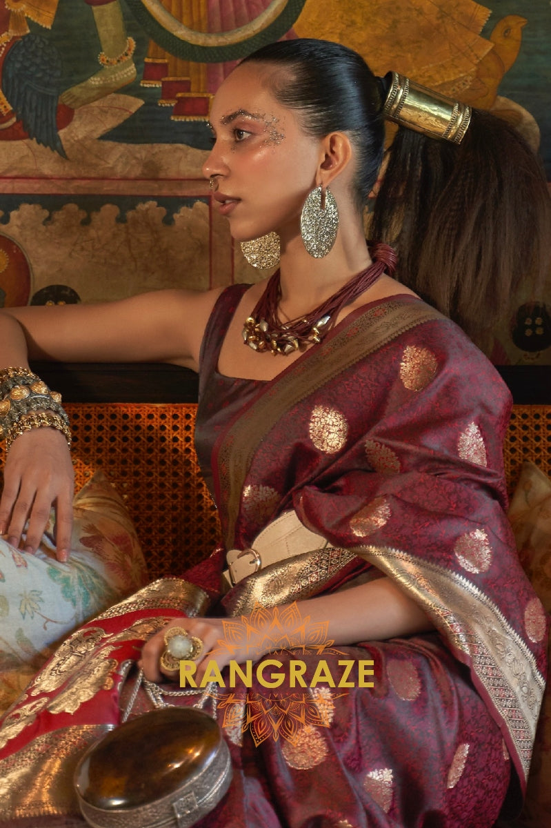 Divine Royal Brown Woven Banarasi Satin Silk Saree