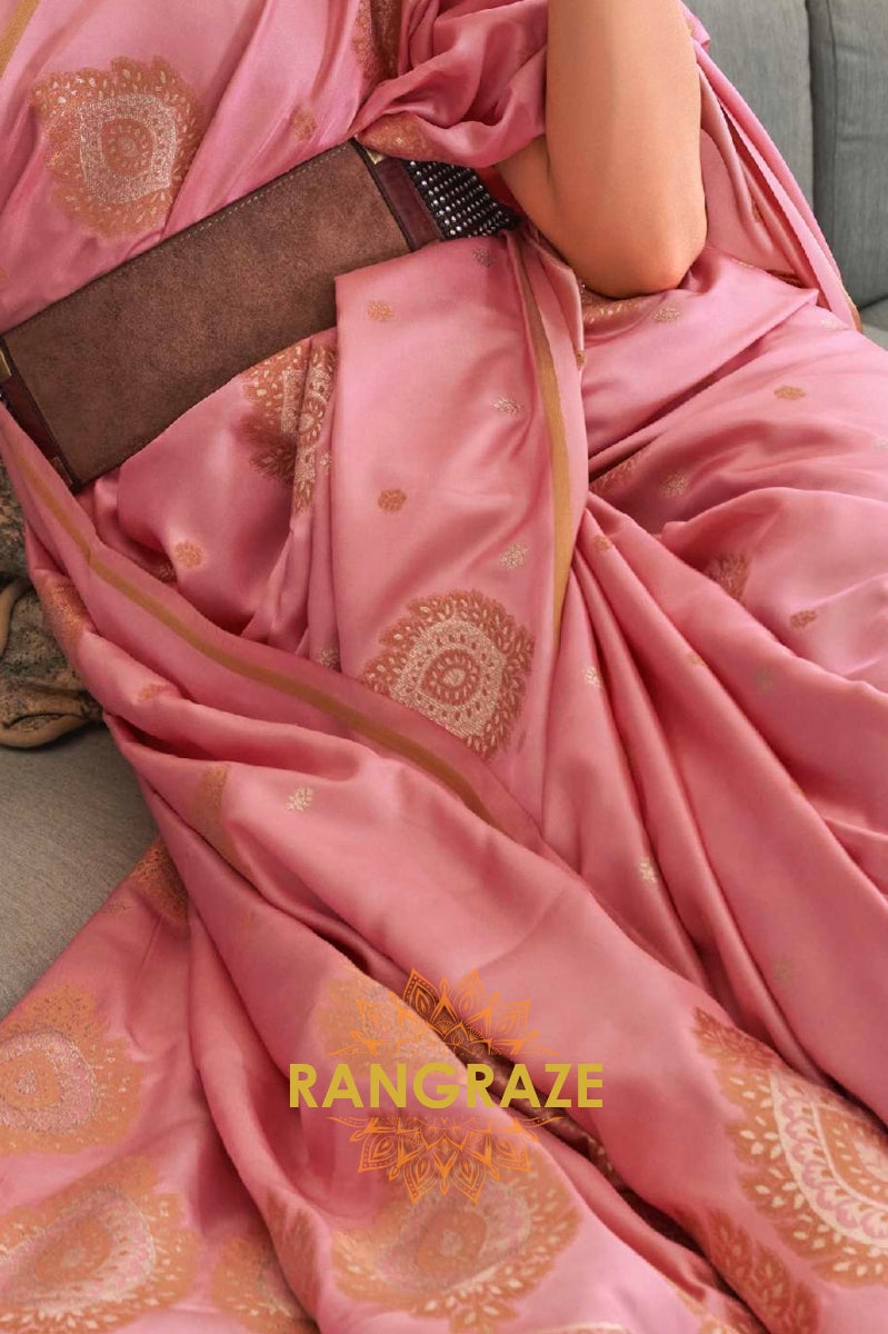 Crystal Pink Bronze Zari Woven Satin Silk Saree
