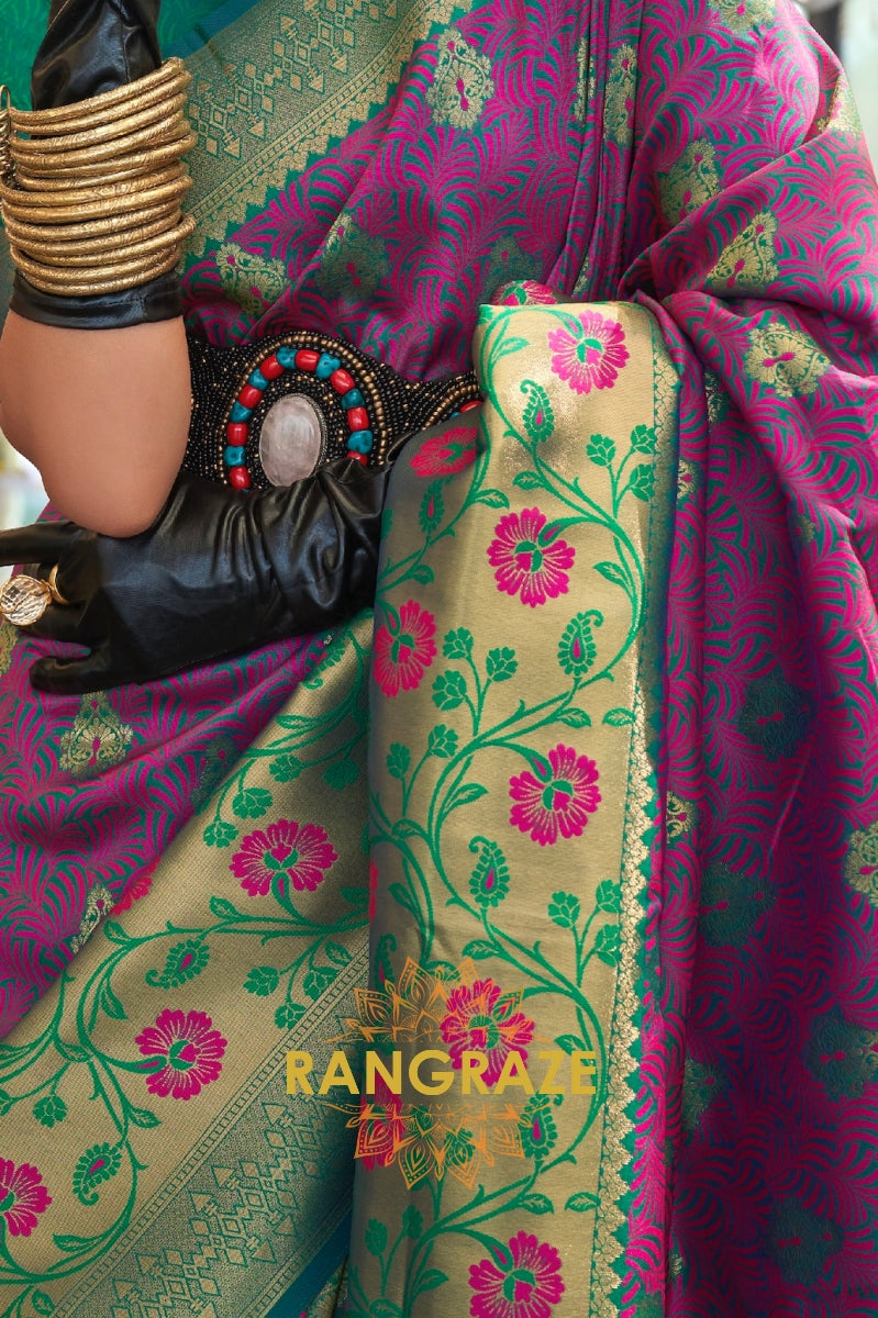 Contrasting Purple And Green Woven Banarasi Brocade Silk Saree