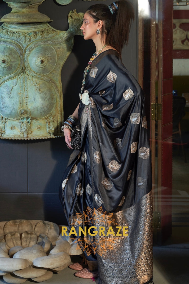 Roman Black Banarasi Woven Satin Silk Saree