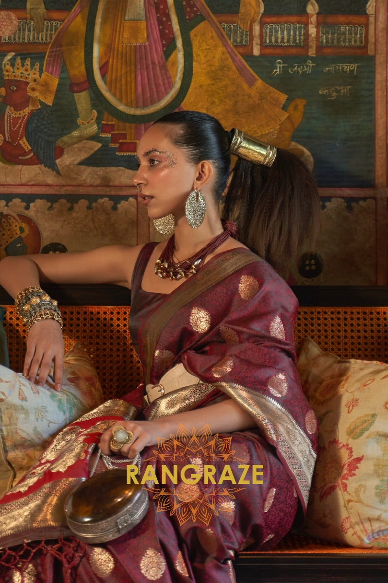 Divine Royal Brown Woven Banarasi Satin Silk Saree